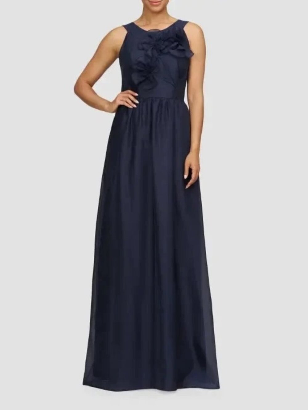 Kay Unger Midnight Blue Waverly Floral Applique Organza Gown